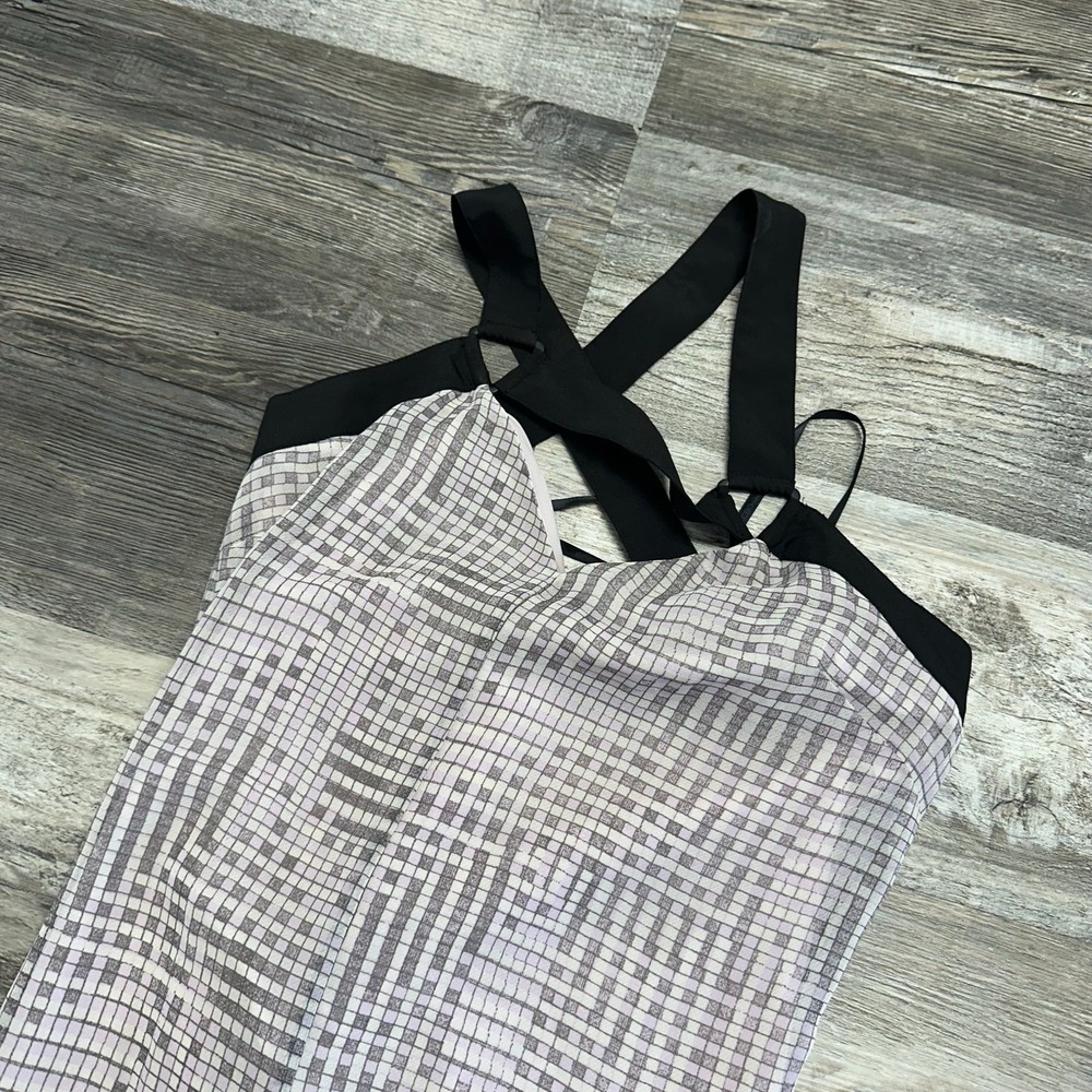 BCBGeneration Purple Plaid Black XS Cross Back Sheer Lined Cutout Maxi Dress NEW